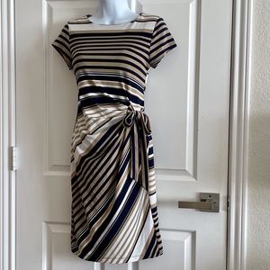 Gold, Navy & White Striped Dress with side Tie Belt and Cap Sleeves
